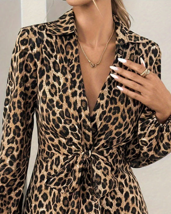 Top Luipaard Print Kraag Bandage Taille