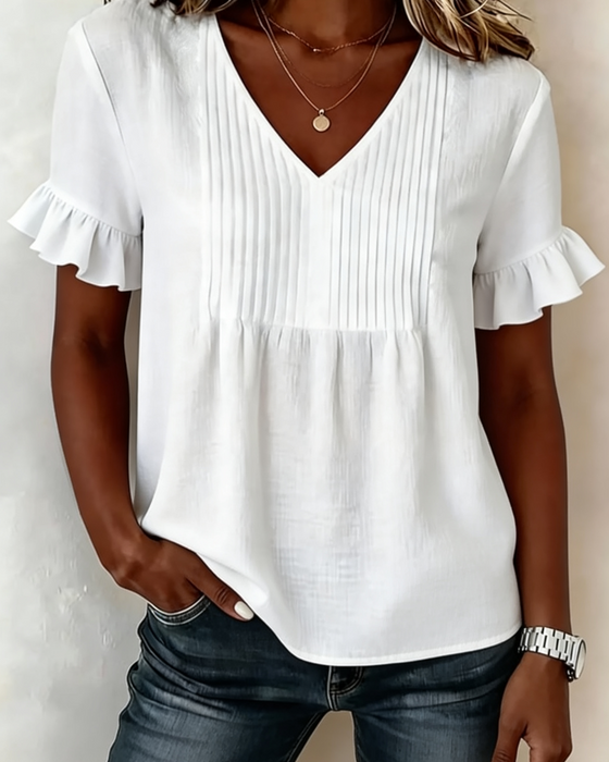 Blouse Gerimpeld V-hals Korte Mouw