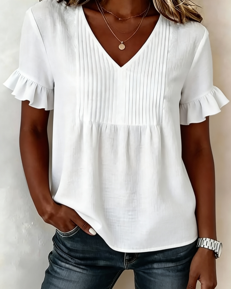 Blouse Gerimpeld V-hals Korte Mouw
