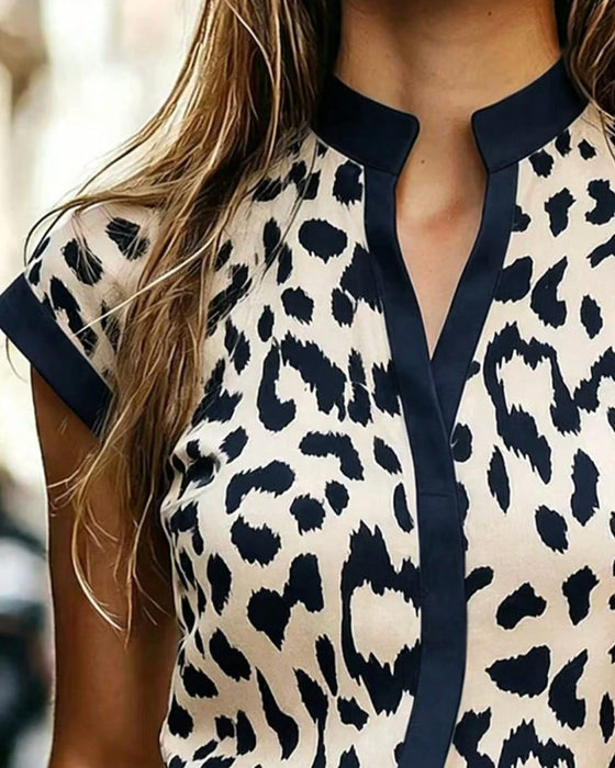 Blouse Opstaande Kraag Luipaard Korte Mouw