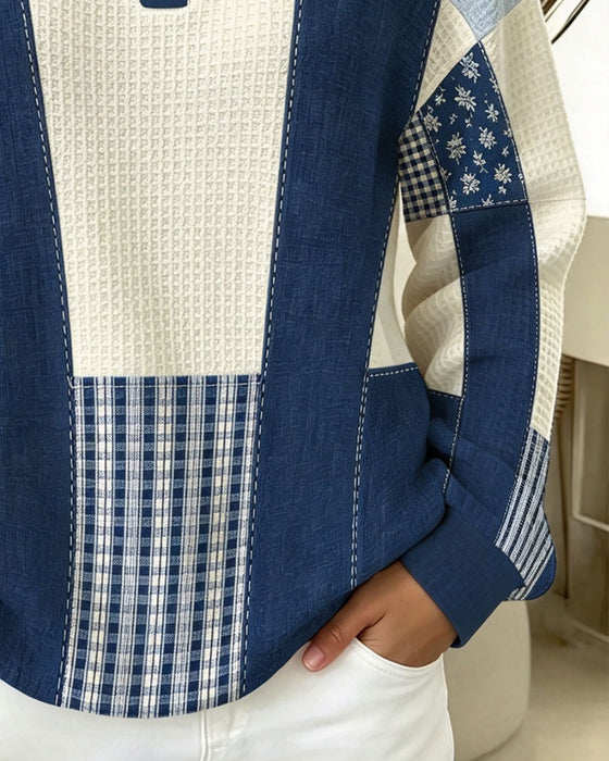 Sweatshirt Ronde Hals Knoop Bloem Plaid