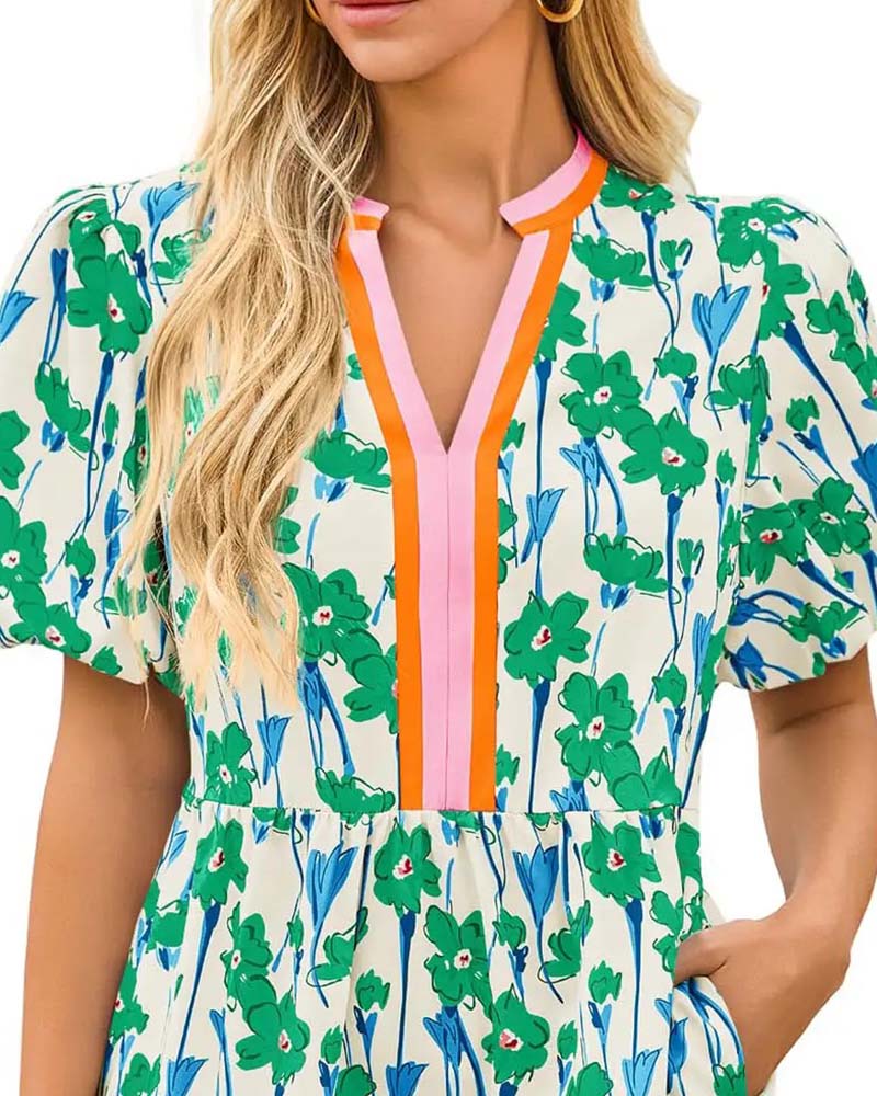 Jurk V-Hals Bloemen Ballon Mouw Patchwork