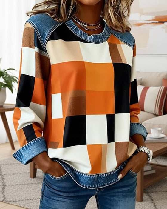 Sweatshirt Met Geruit Patchwork En Contrastkleur