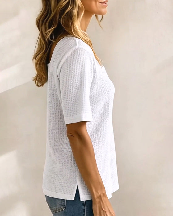 T-Shirt Vierkante Hals Knoop Wafel