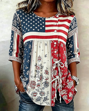 Blouse Vlag Patchwerk Print Rijgsluiting