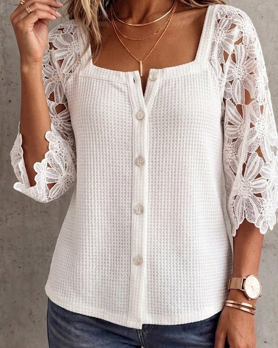 Blouse Kant Paneel Wafelbreisel Knoop-Voor