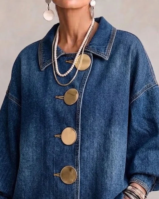 Jas Revers Geknoopt Poef Mouw Denim
