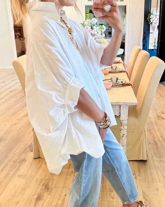Blouse Losse Pasvorm Vallende Schouder Wit Lange Mouw