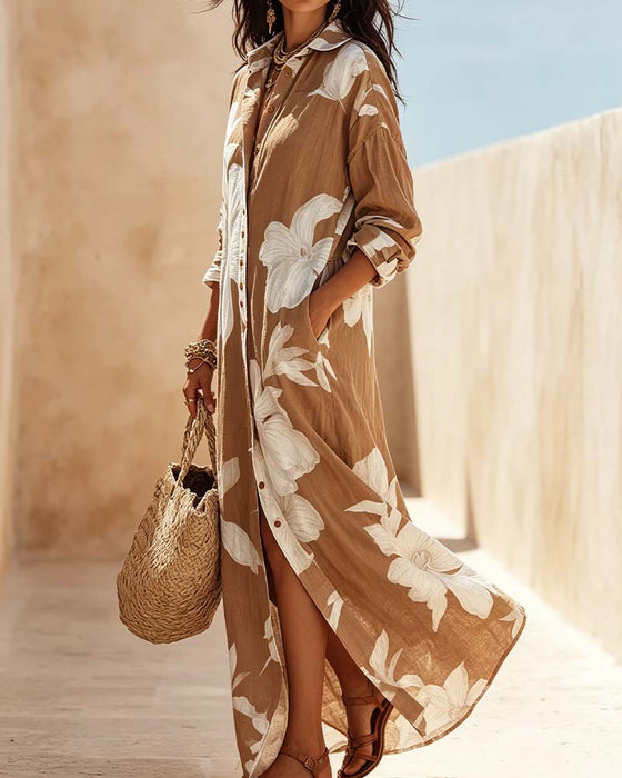 Jurk Bloemen Kraag Overhemd Maxi