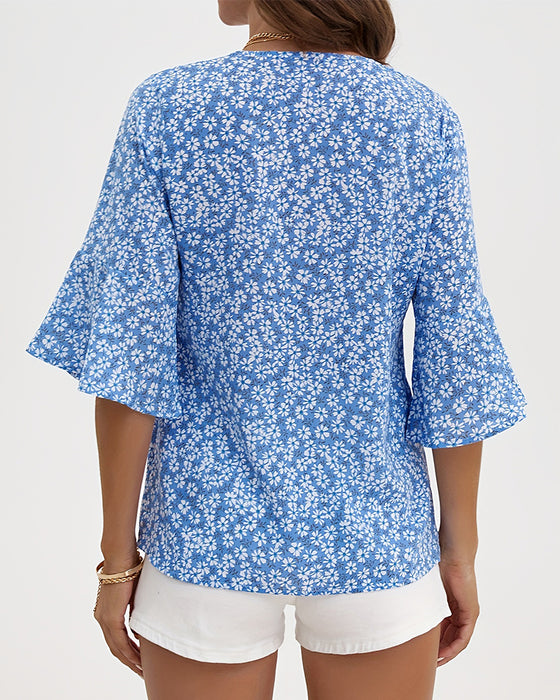 Blouse V-Hals Floraal Vlinder Mouw