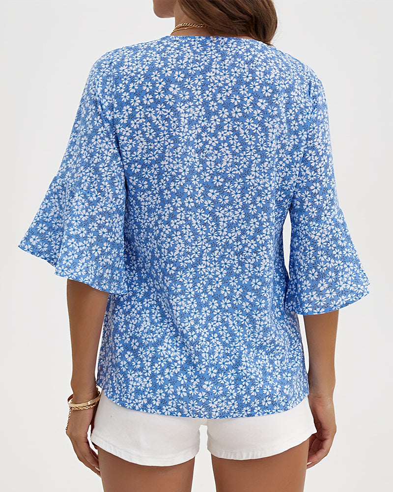 Blouse V-Hals Floraal Vlinder Mouw