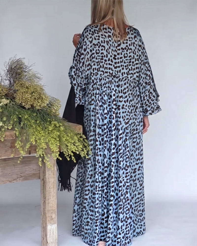 Jurk V-Hals Luipaardprint Loose Fit Casual