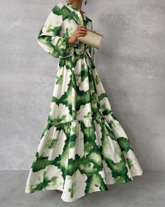 Elegante tie-dye patchwork jurk met trekkoord en ballonmouwen