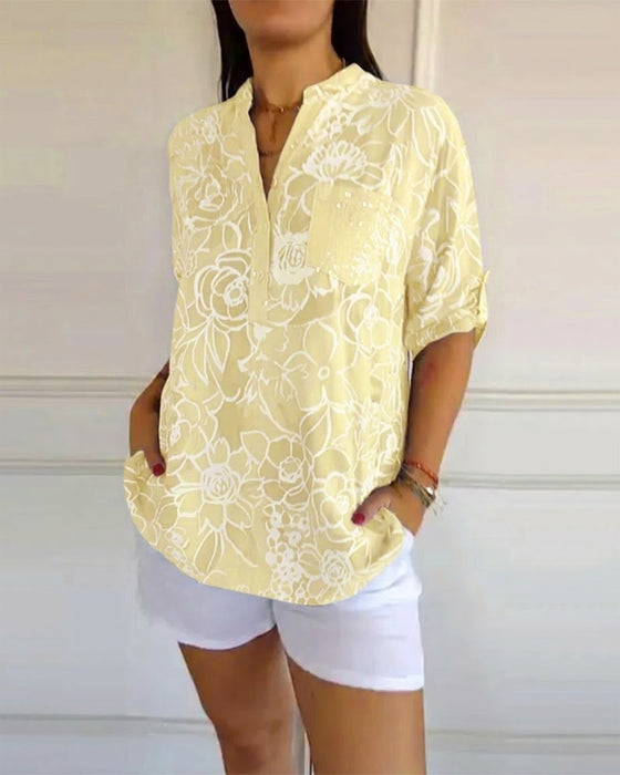 Blouse V-hals Met Knopen Bedrukt