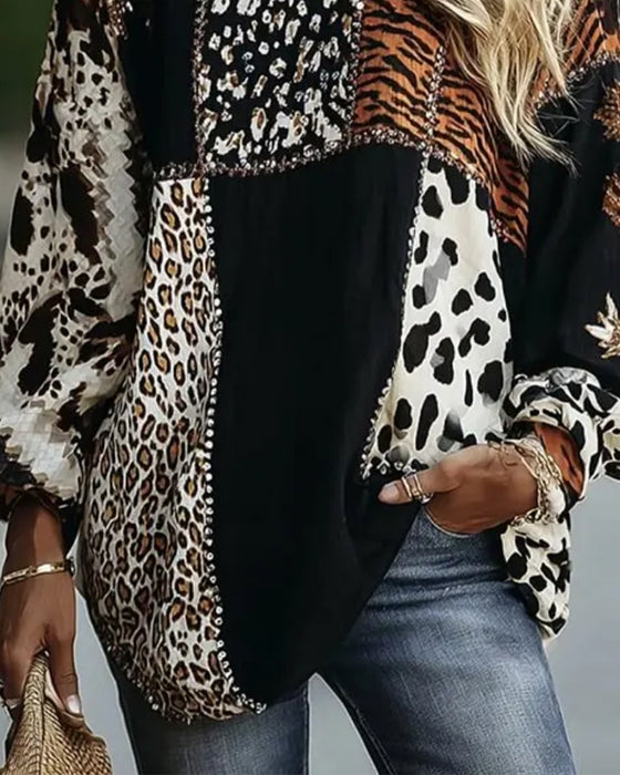 Blouse Ronde Hals Luipaard Tijger Print Contrast