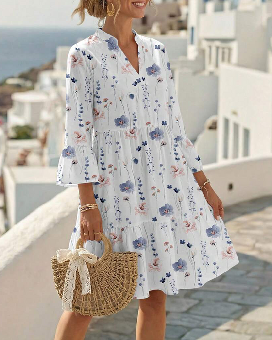 Jurk V-Hals Bloemen Afdruk Midi