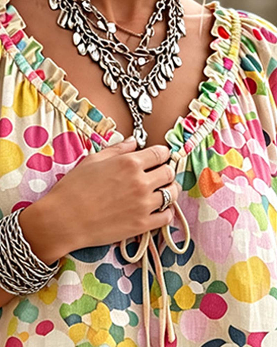 Blouse V-Hals Stippen Met Vetersluiting