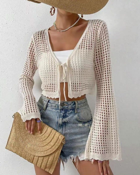 Cardigan Eenvoudig Effen Hol Uit Strand