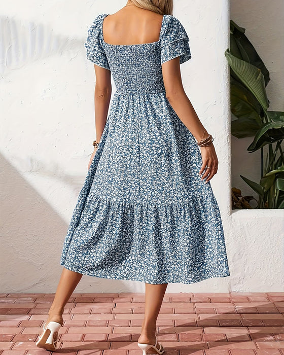 Jurk Ruffle Vierkante Hals Bloemen