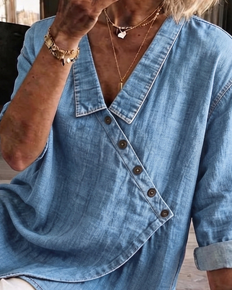 Blouse Effen Diagonale Knoop Knoopsgat Langmouw