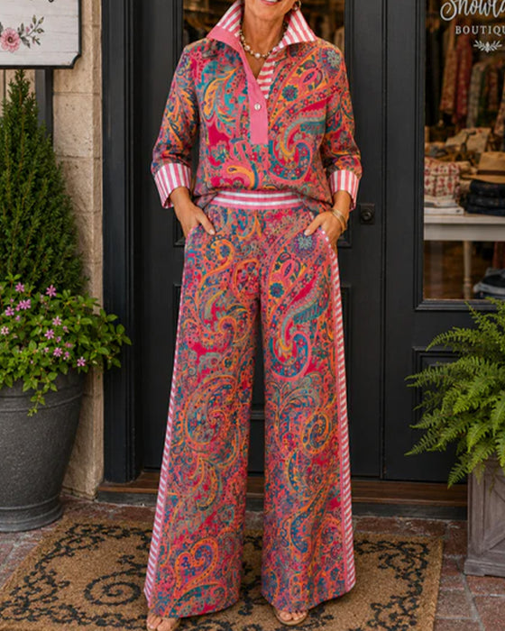 Set Knoopsgat Streep Afdruk Shirt + Breed Been Broek