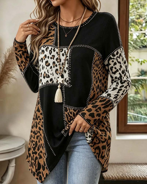 Blouse Luipaard Print Patchwork Onregelmatig