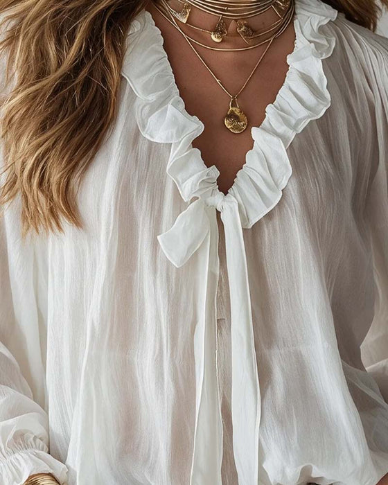 Blouse V-Hals Veters Ruches Lange Mouw