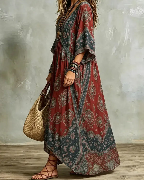 Jurk Vintage Bohemien V-Hals Bedrukt Maxi
