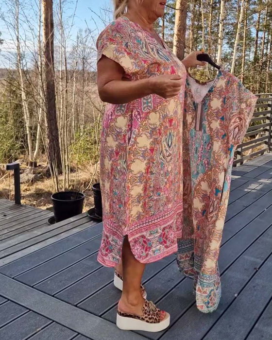 Jurk V-Hals Korte Mouwen Bedrukt Recht