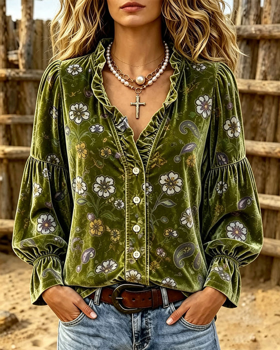 Blouse V-Hals Knoop Volant Bloemen