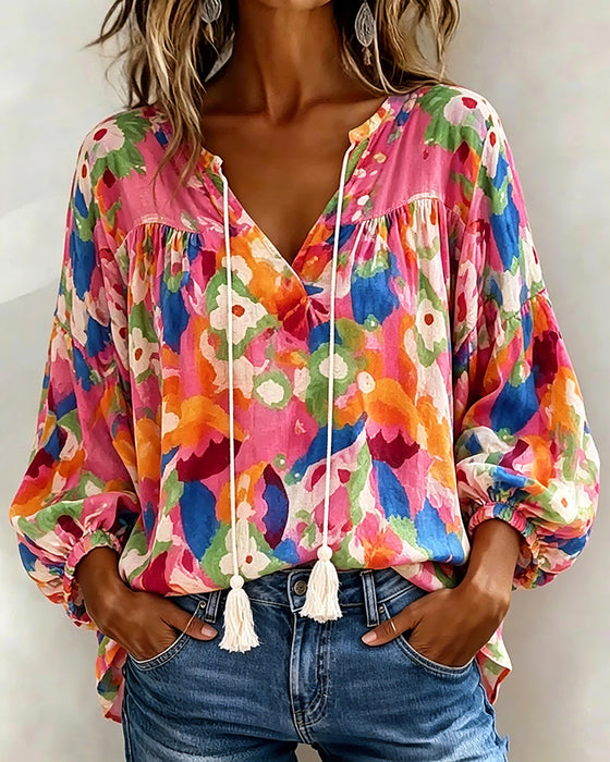 Blouse Kleurrijk Bedrukt Lantaarnmouw Franje