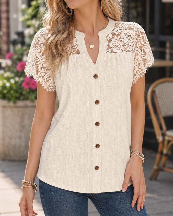 Blouse V-Hals Knoop Kant Paneel