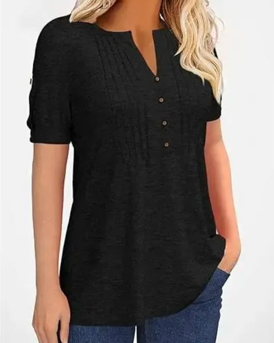 T-Shirt Geplooid Henley Korte Mouw