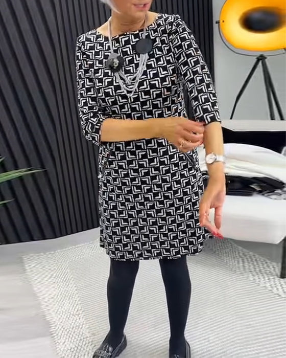 Retro geometrische print ronde hals jurk met zakken