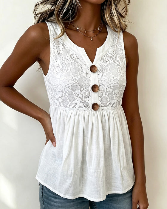 Top V‑Hals Knopen Kant‑Paneel Effen