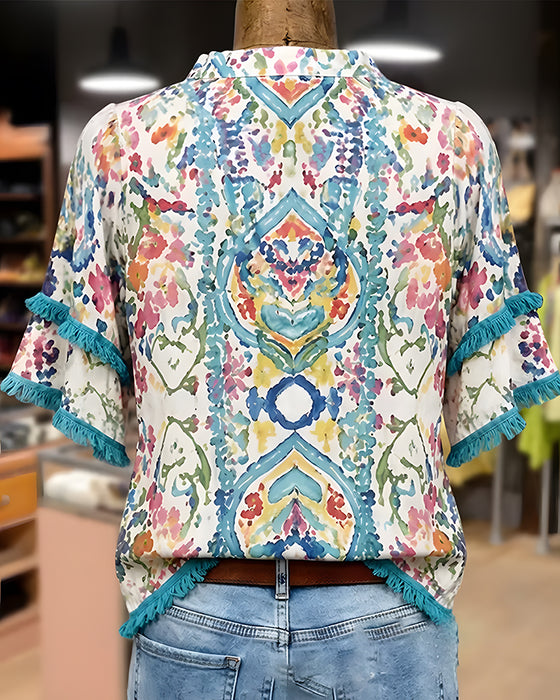 Shirt V-Hals Franje Ruffle Etnisch