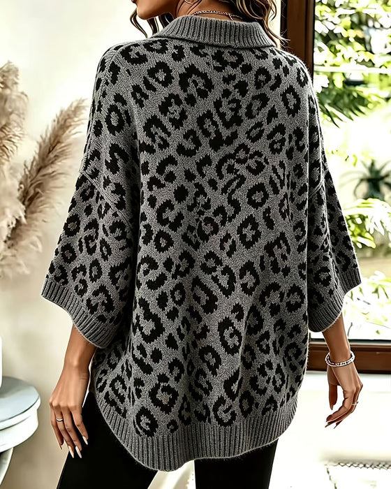 Pullover Met Kraag V-Hals Luipaardprint Half Mouw Trui