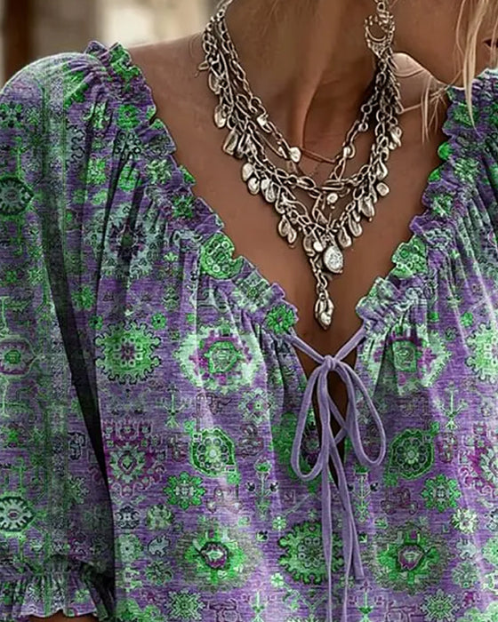 Blouse V-Hals Strik Vintage Print