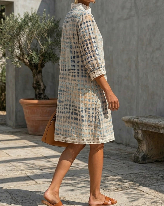 Jurk V-Hals Stip Kant Patchwork Opstaande Kraag