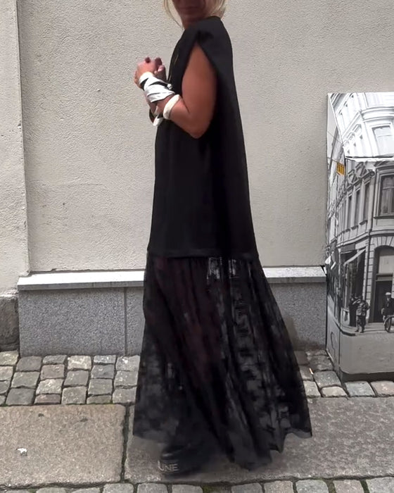 Mouwlose Mesh Patchwork Jurk