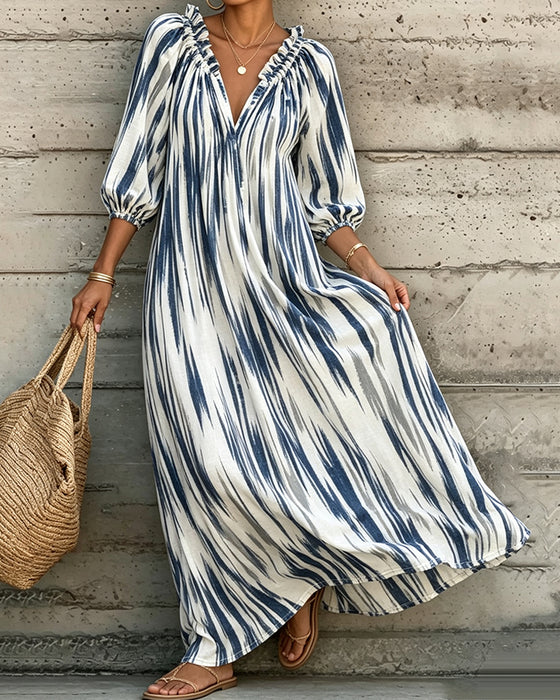 Jurk Tie-Dye V-Hals Pofmouw Lang Resort