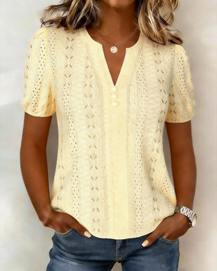 Blouse V-Hals Parel Knoop Bel Mouw