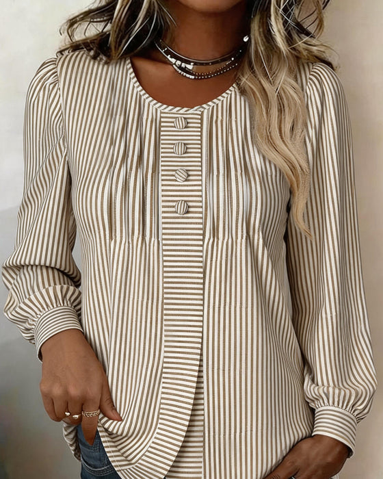 Blouse Ronde Hals Knoop Voor Streep Pofmouw