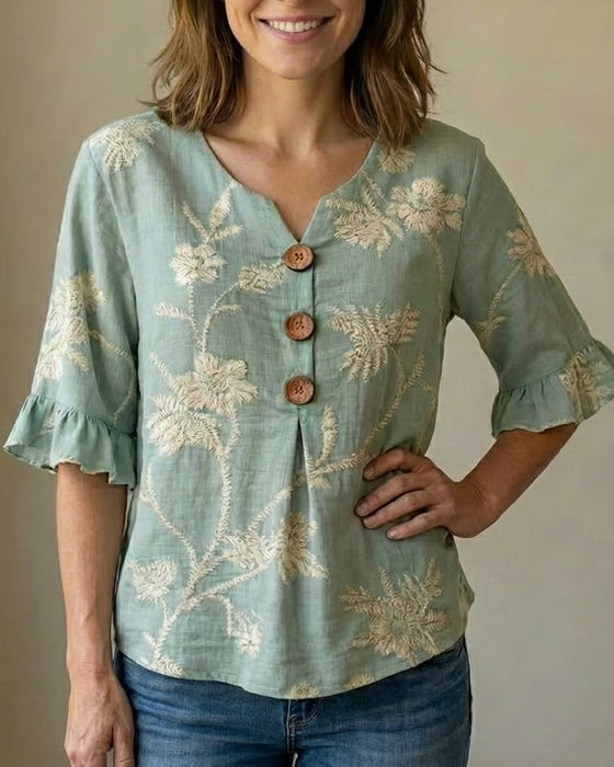 Blouse Ruche Mouw Drie-Knoop Loose Fit