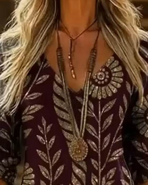 Jurk V-hals Bladprint