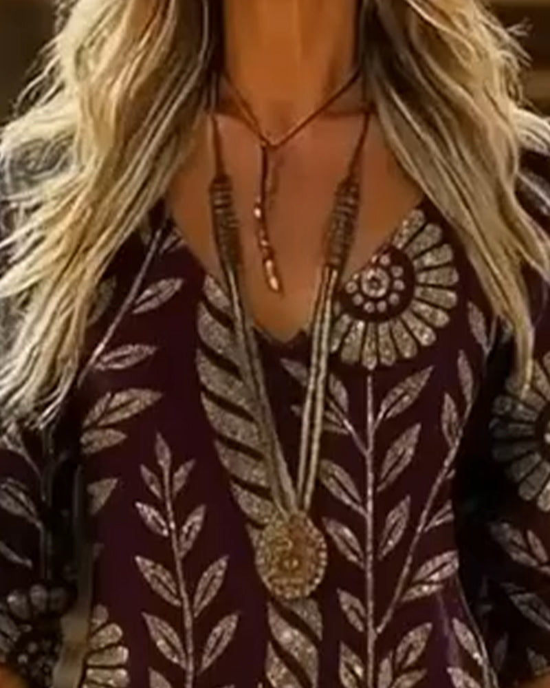 Jurk V-hals Bladprint