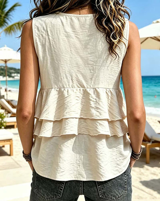 Effen V-Hals Mouwloos Vest Met Ruches