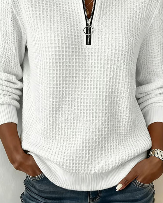 Sweatshirt Staande-Kraag Rits Lange-Mouw Wafel