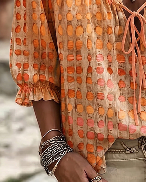 Blouse Stippenpatroon Met Vetersluiting