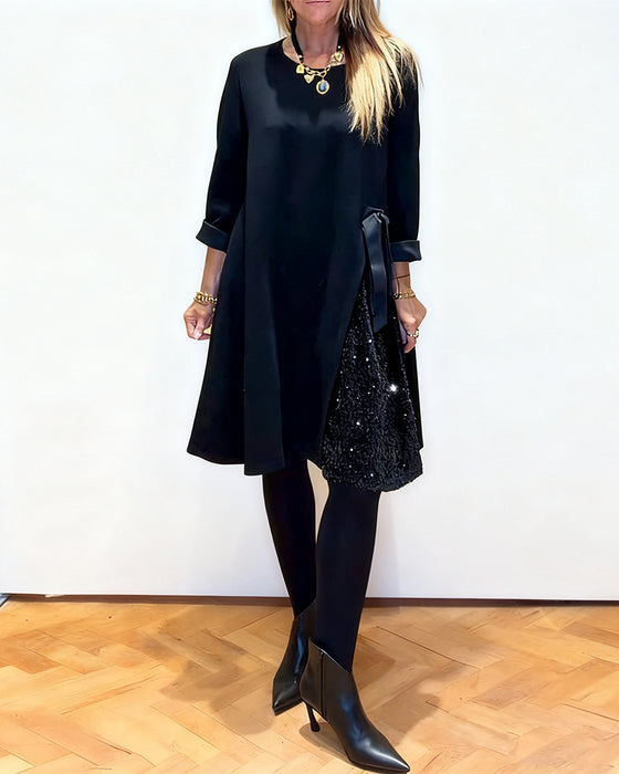 Stijlvolle Jurk Met Patchworkdetails En Ronde Hals